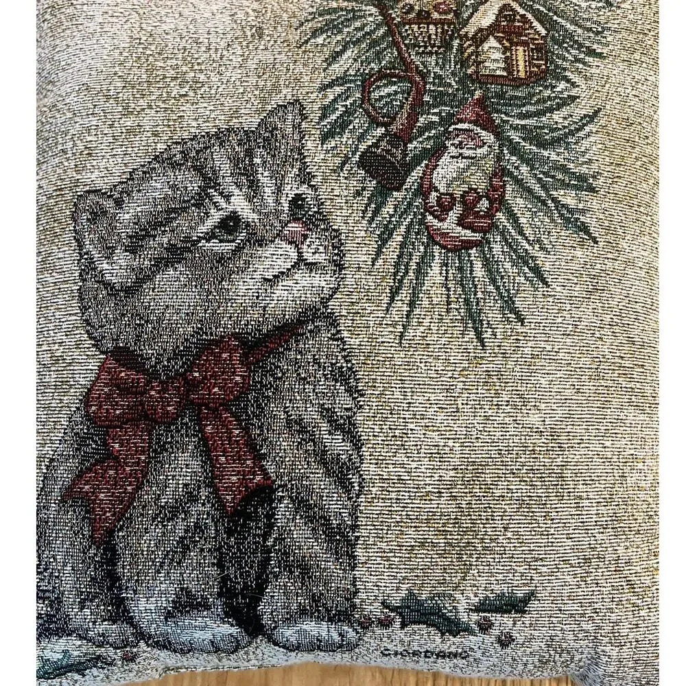 Riverdale Giordano Tapestry Pillow Cat, Christmas Tree, Ornaments Back Green VTG